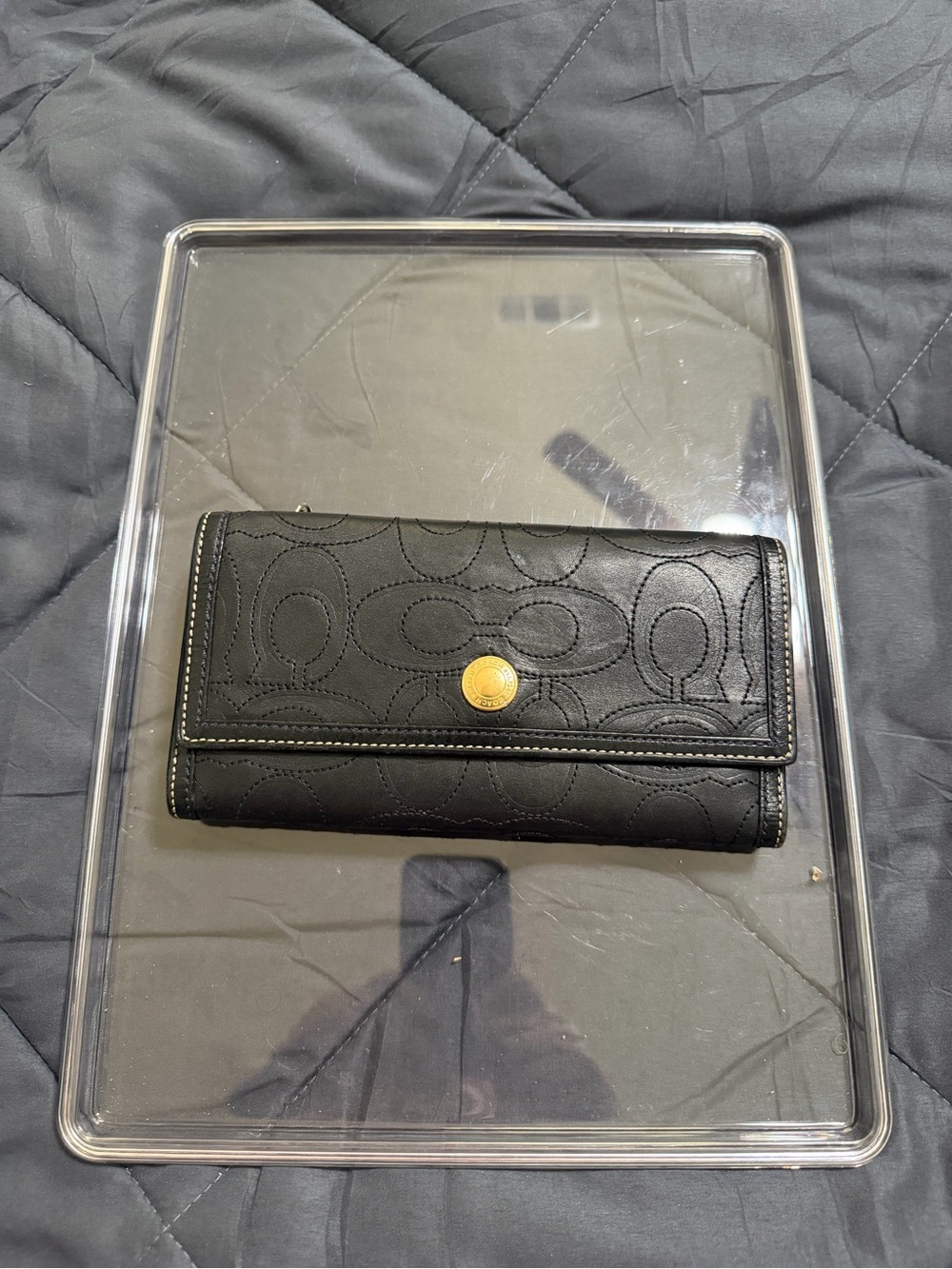 Coach Black Quilted Signature Continental Wallet with Gold Snap